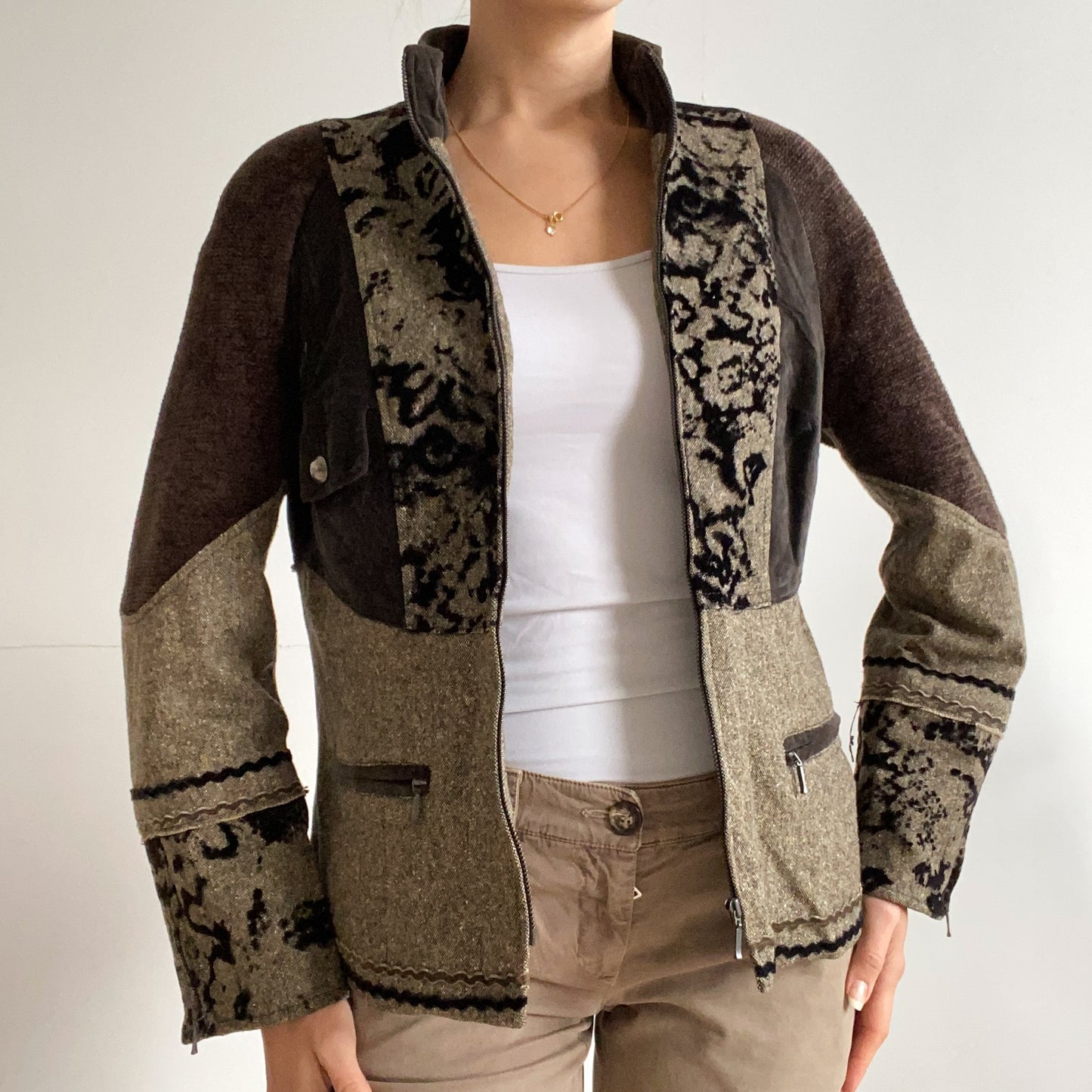 Warm short brown and patterned winter jacket