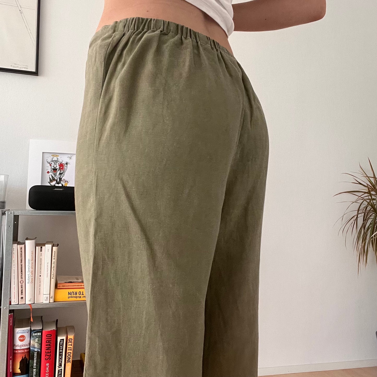 Sage Green Linen Blend Wide Leg Trousers-Size 38