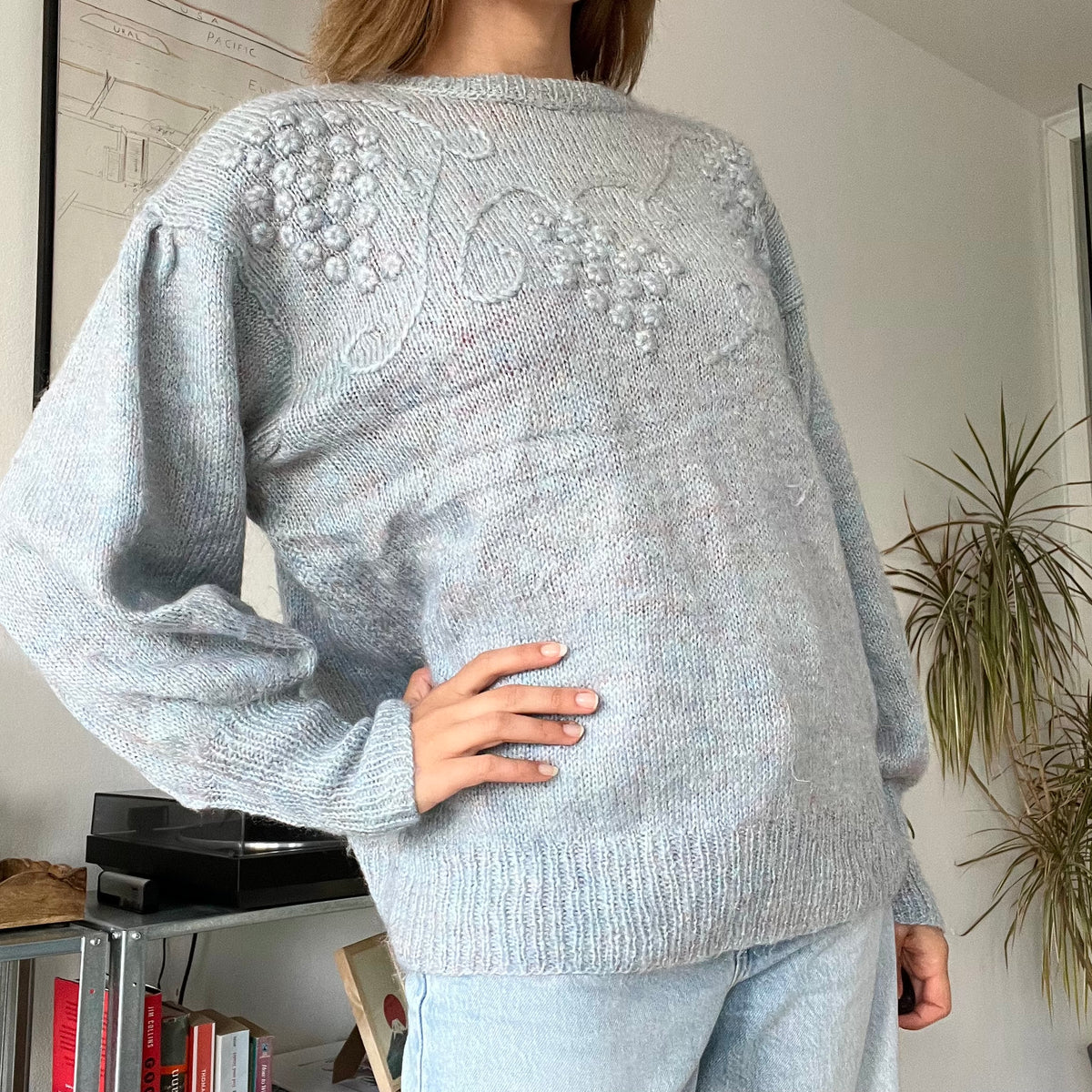 Blue fuzzy knit pullover sweater-Size L