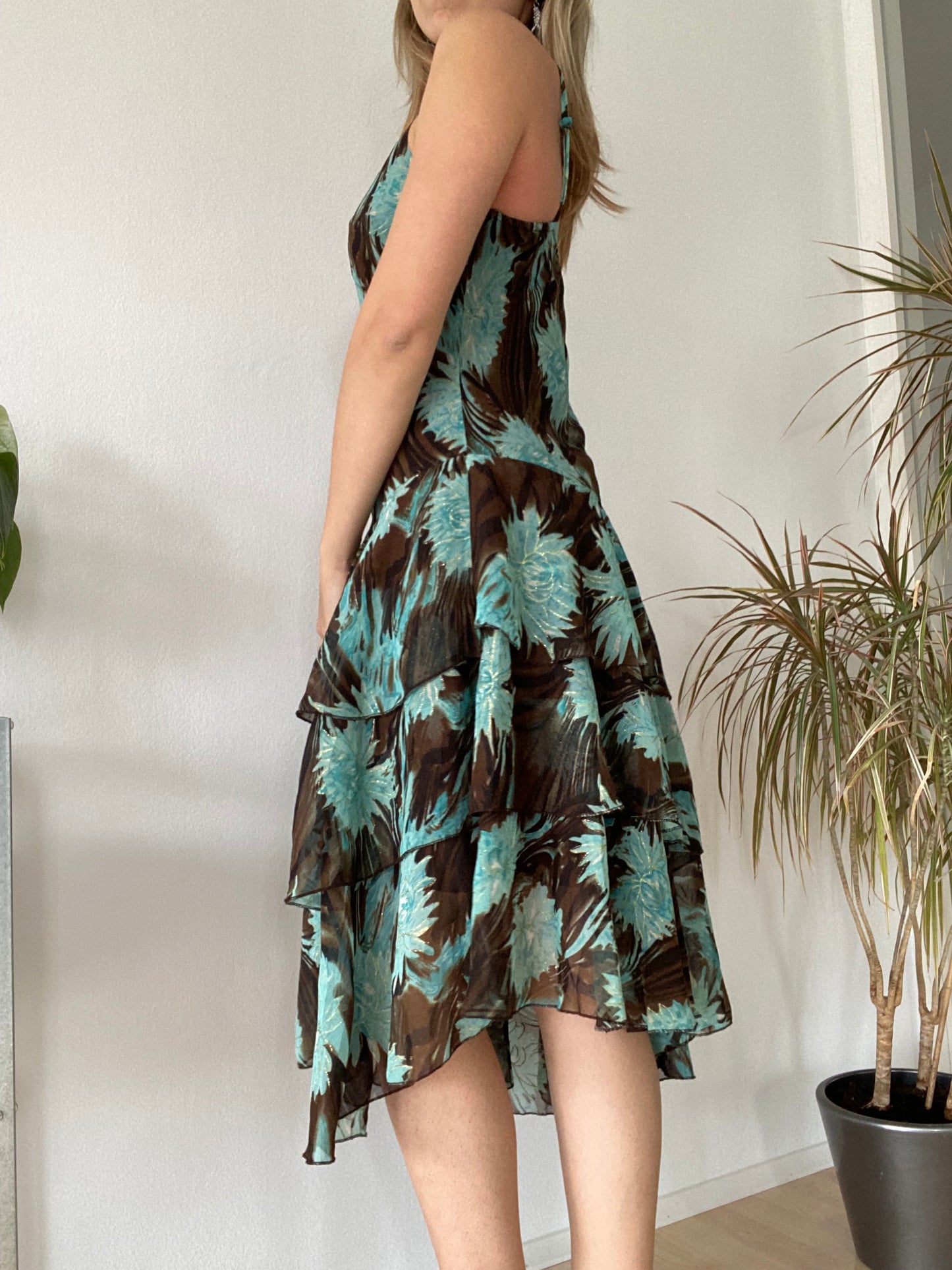Y2K Tropical Chiffon Slip Dress Blue Layered Midi
