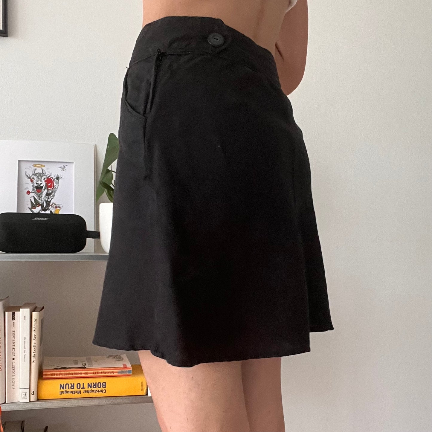 Black Linen High Waist Mini Skirt Minimalist Y2K-Size 34