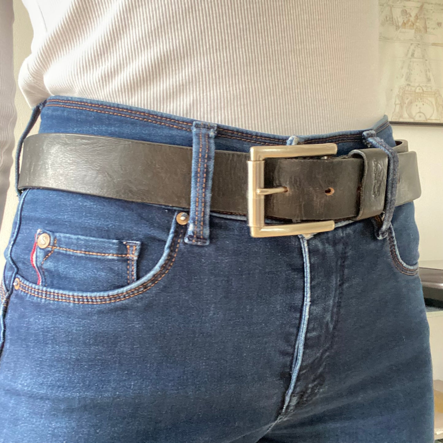 Black leather belt metal buckle