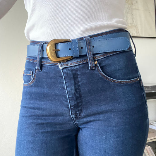 Blue Leather Belt with Gold Buckle