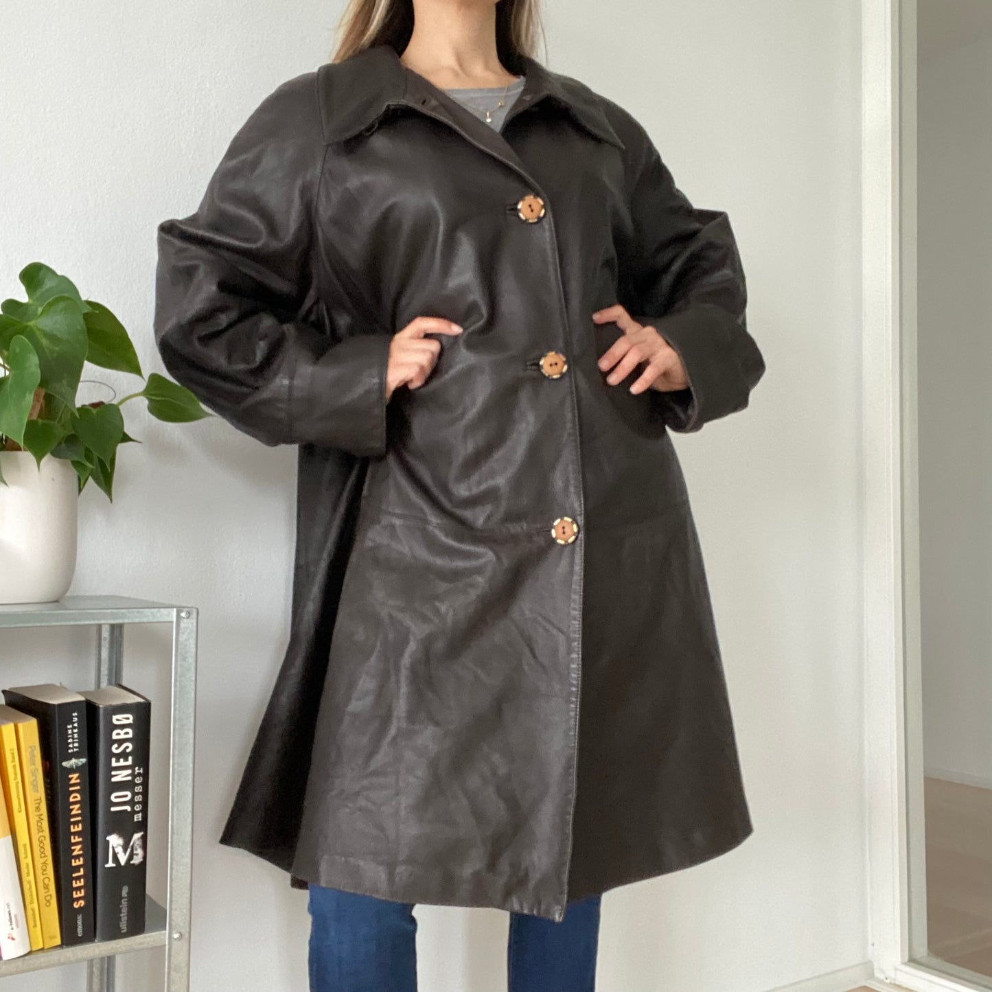 Long vintage leather brown coat