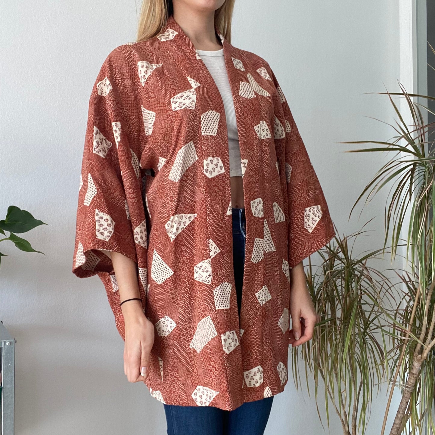 Rust Brown Printed Kimono Jacket- One size