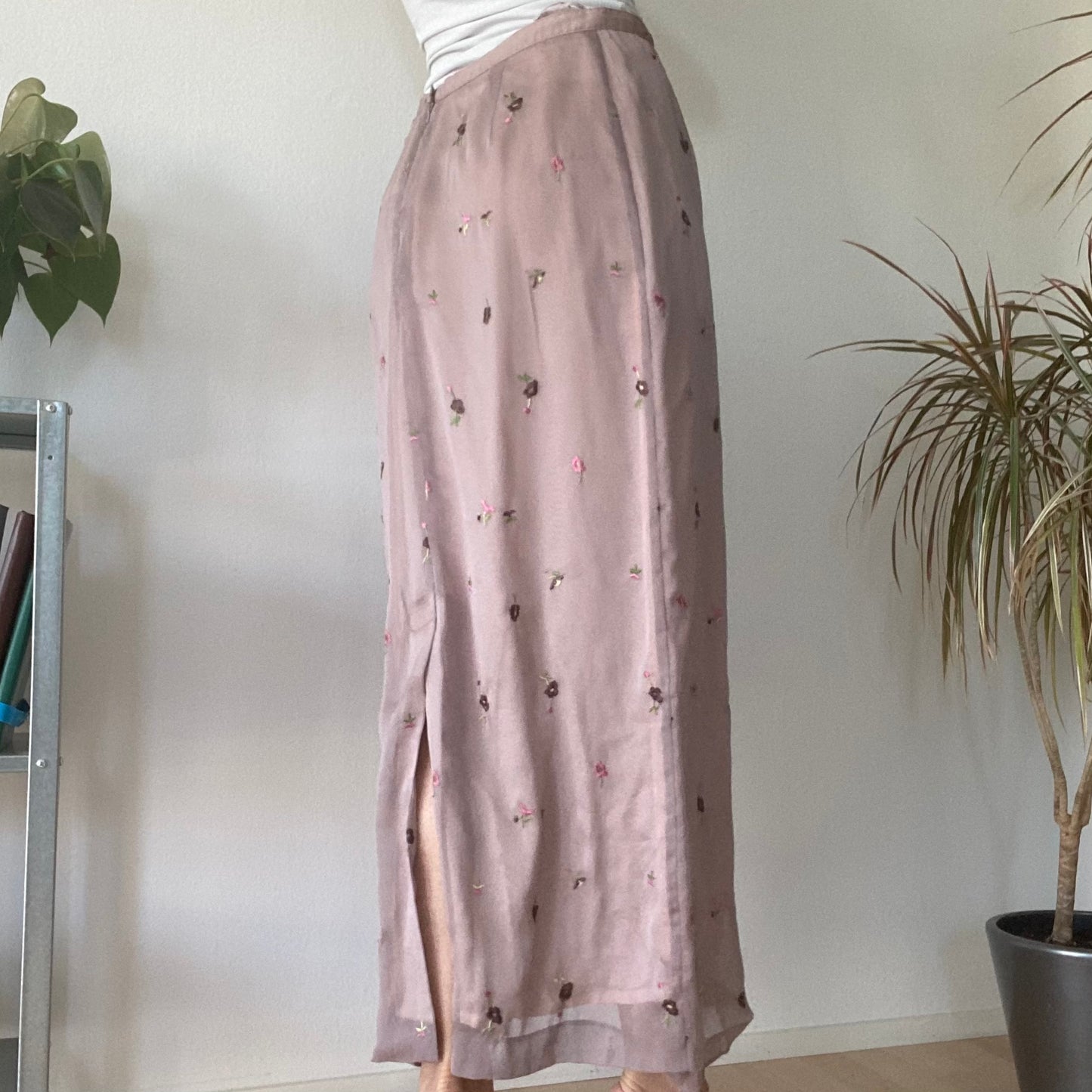 Pink Sheer Embroidered Midi Skirt Y2K Vintage Floral Mesh Skirt
