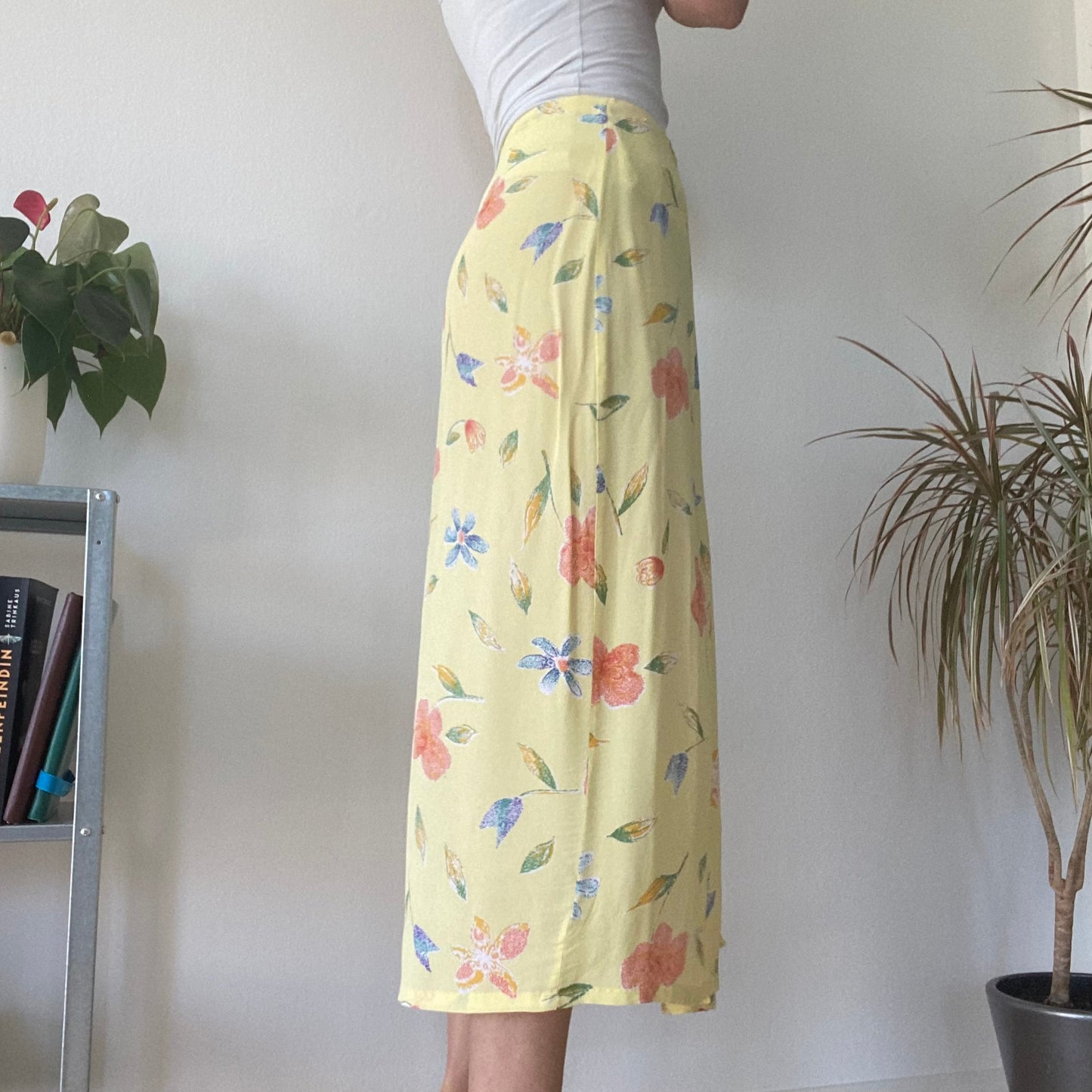 Yellow Floral Wrap Midi Skirt Summer Vintage Boho A Line Skirt