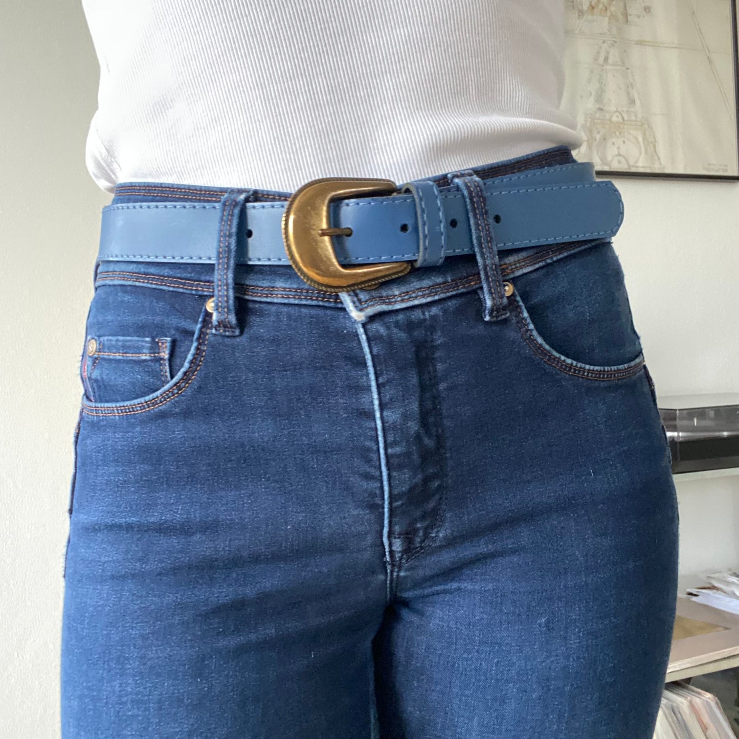 Blue Leather Belt with Gold Buckle