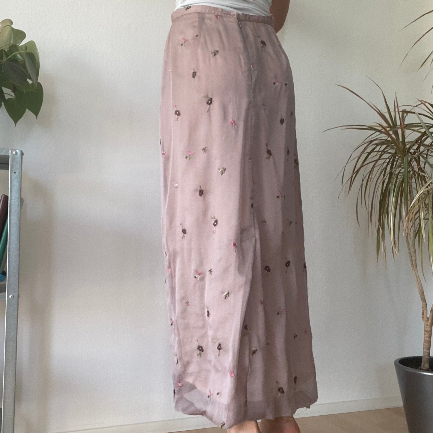 Pink Sheer Embroidered Midi Skirt Y2K Vintage Floral Mesh Skirt