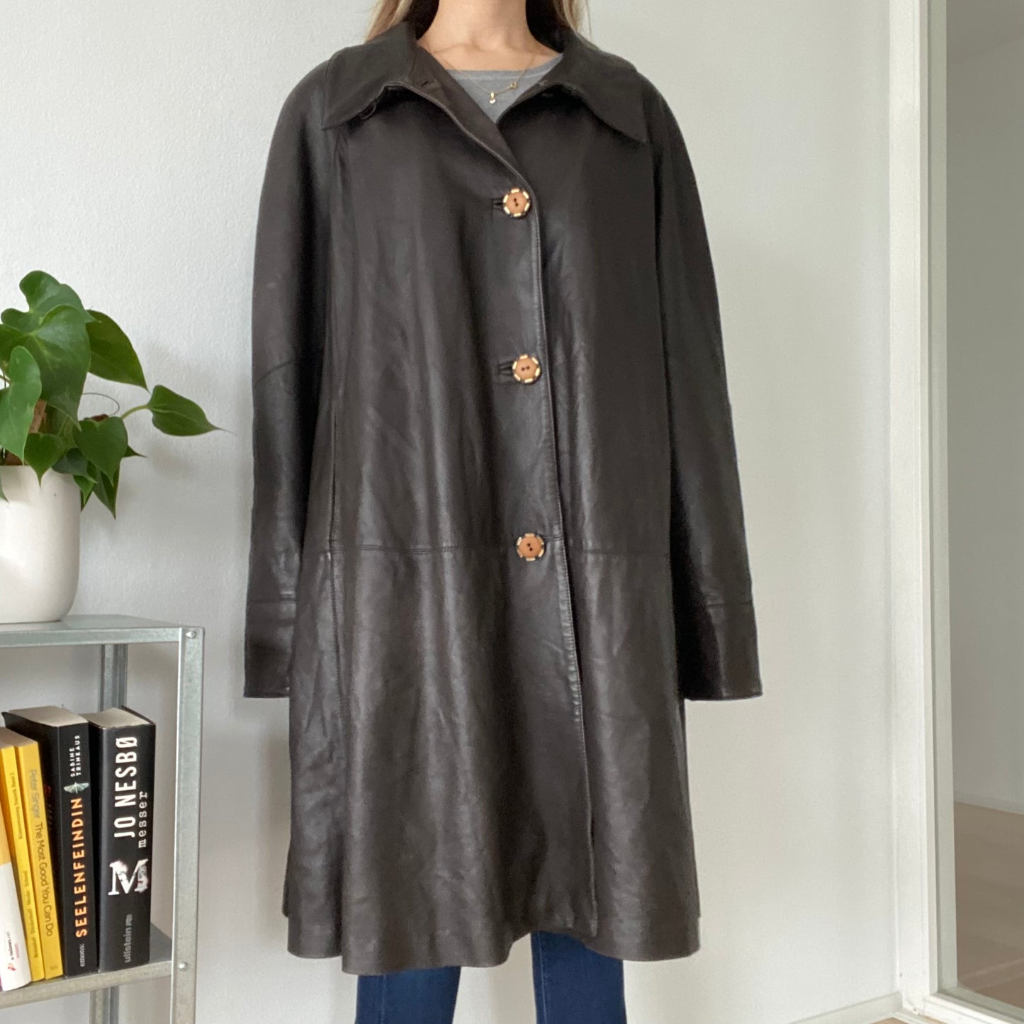 Long vintage leather brown coat