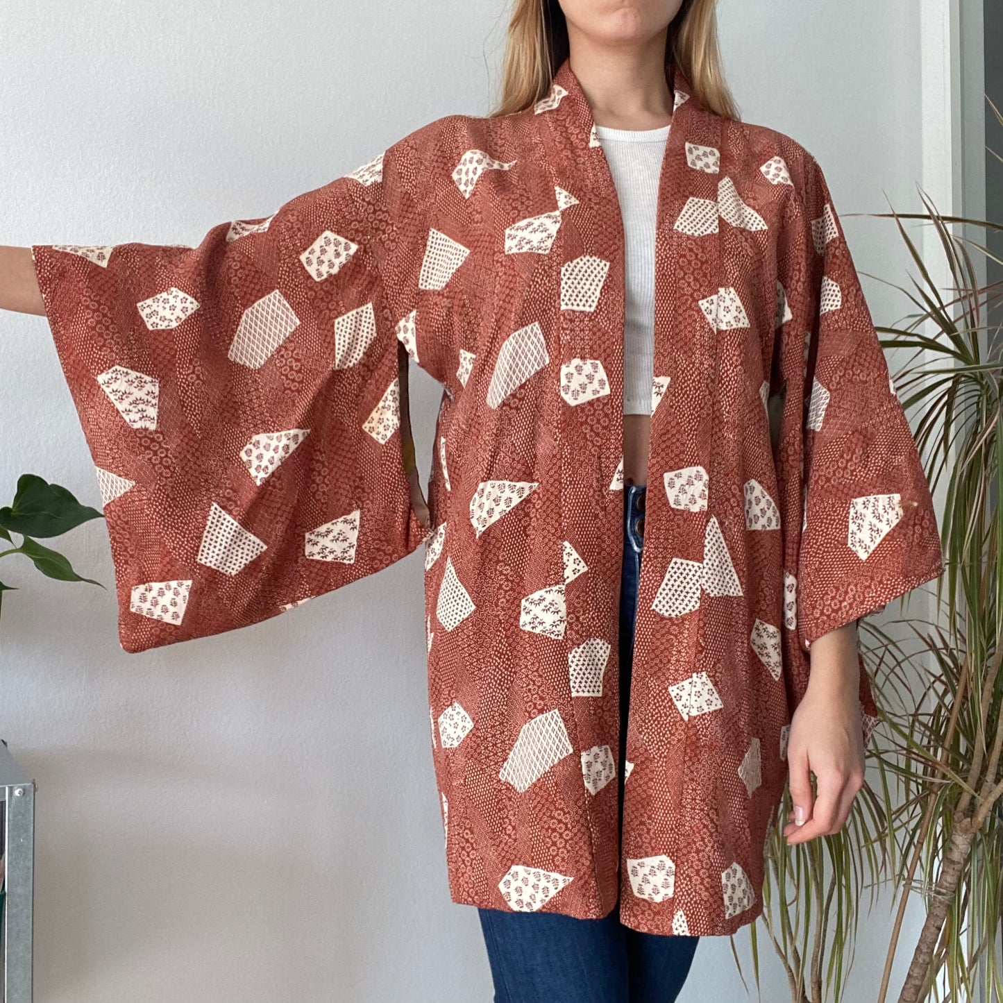 Rust Brown Printed Kimono Jacket- One size
