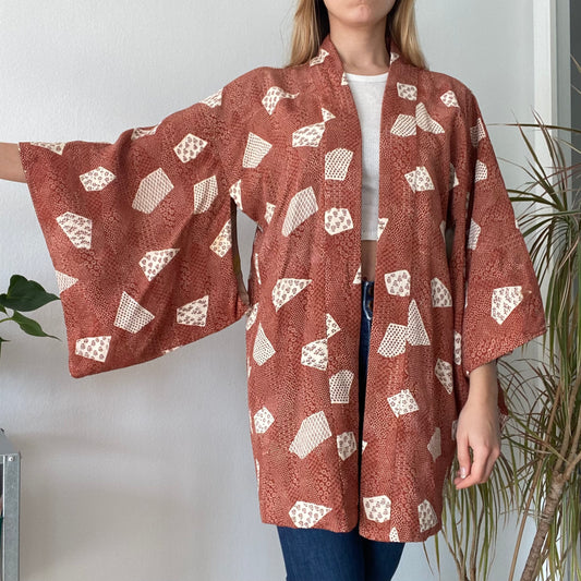 Rust Brown Printed Kimono Jacket- One size