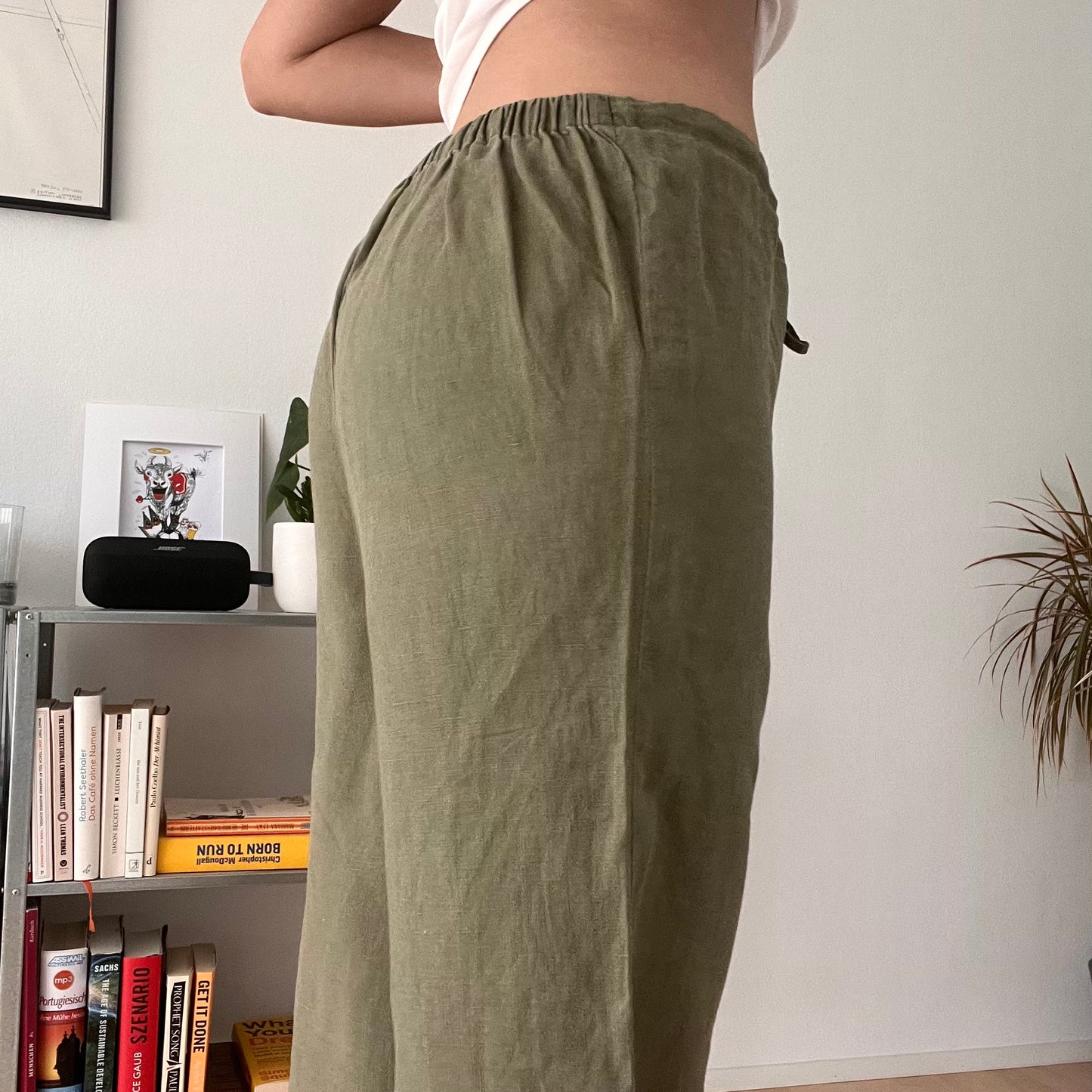 Sage Green Linen Blend Wide Leg Trousers-Size 38