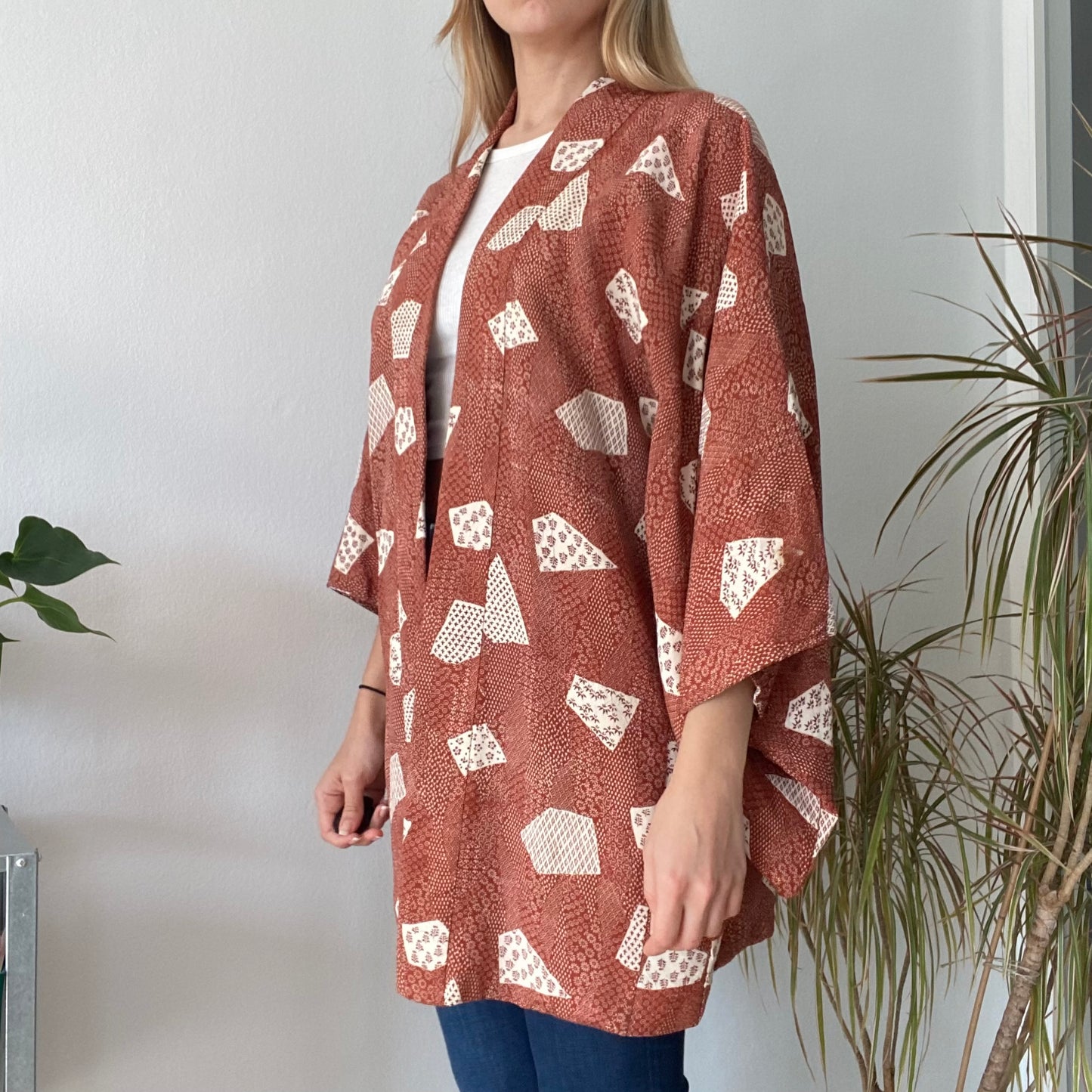 Rust Brown Printed Kimono Jacket- One size