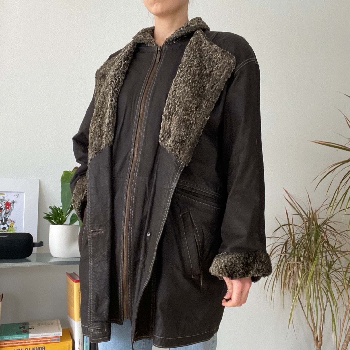 Vintage brown mid-length leather coat