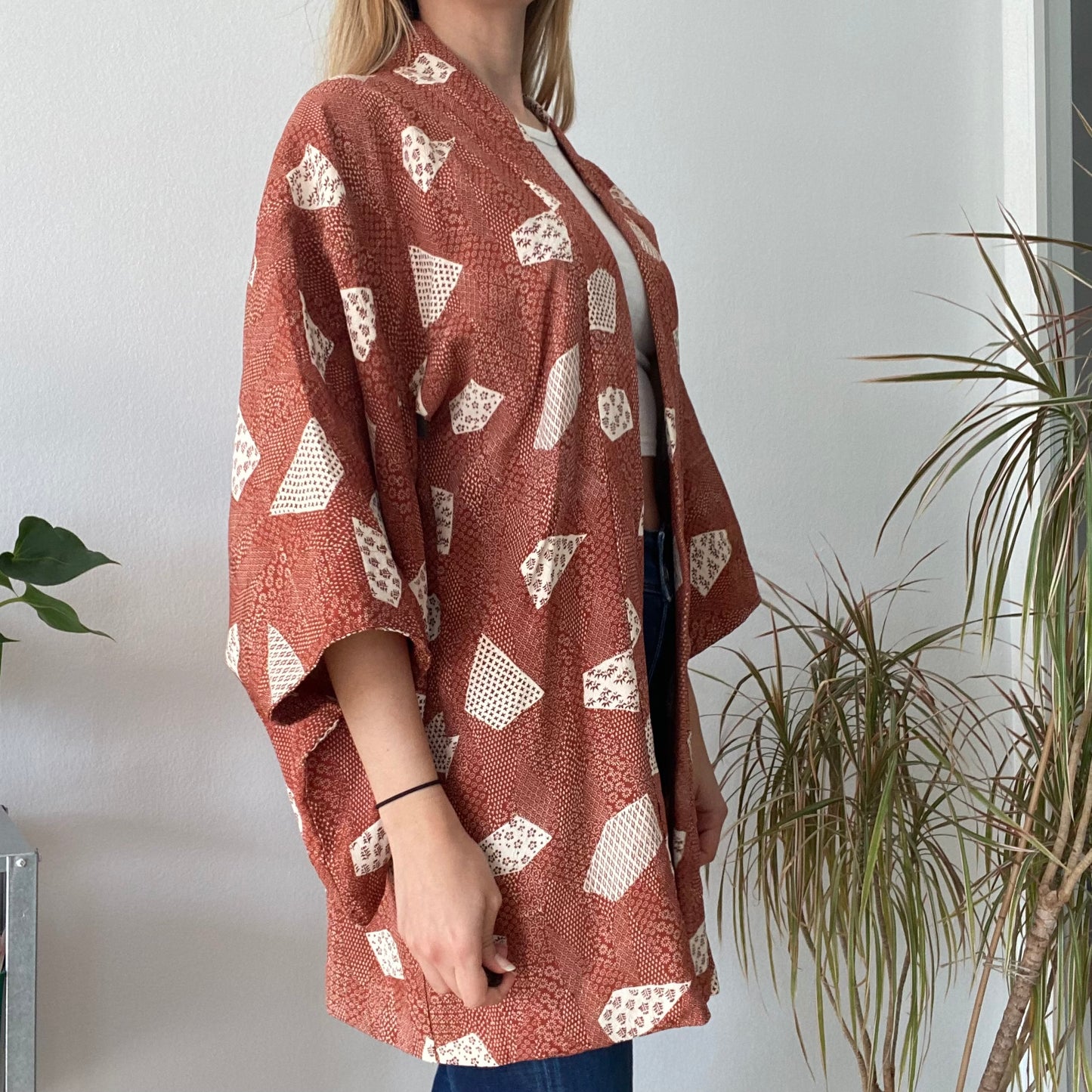 Rust Brown Printed Kimono Jacket- One size