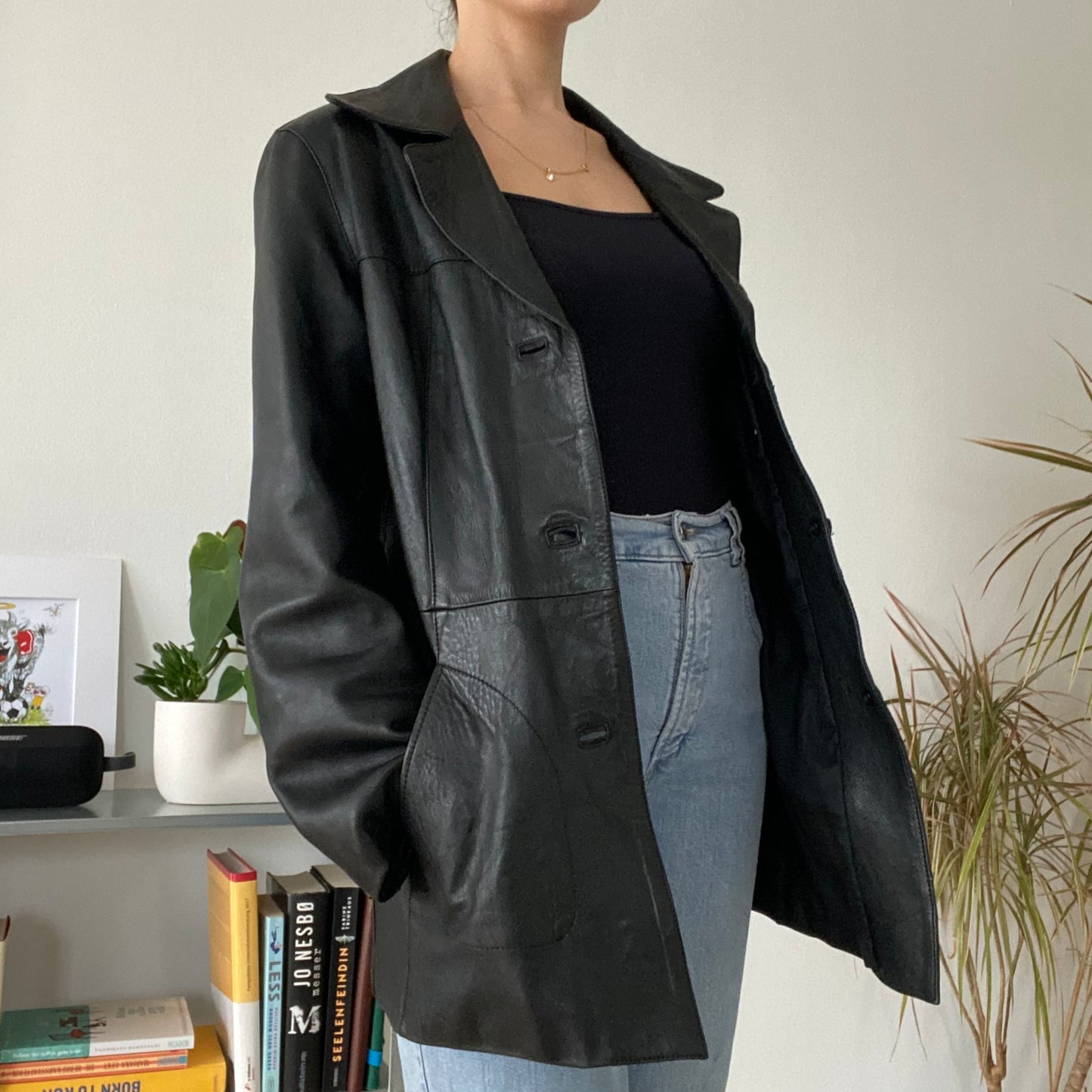 Mid-length black leather jackets 90s size 50