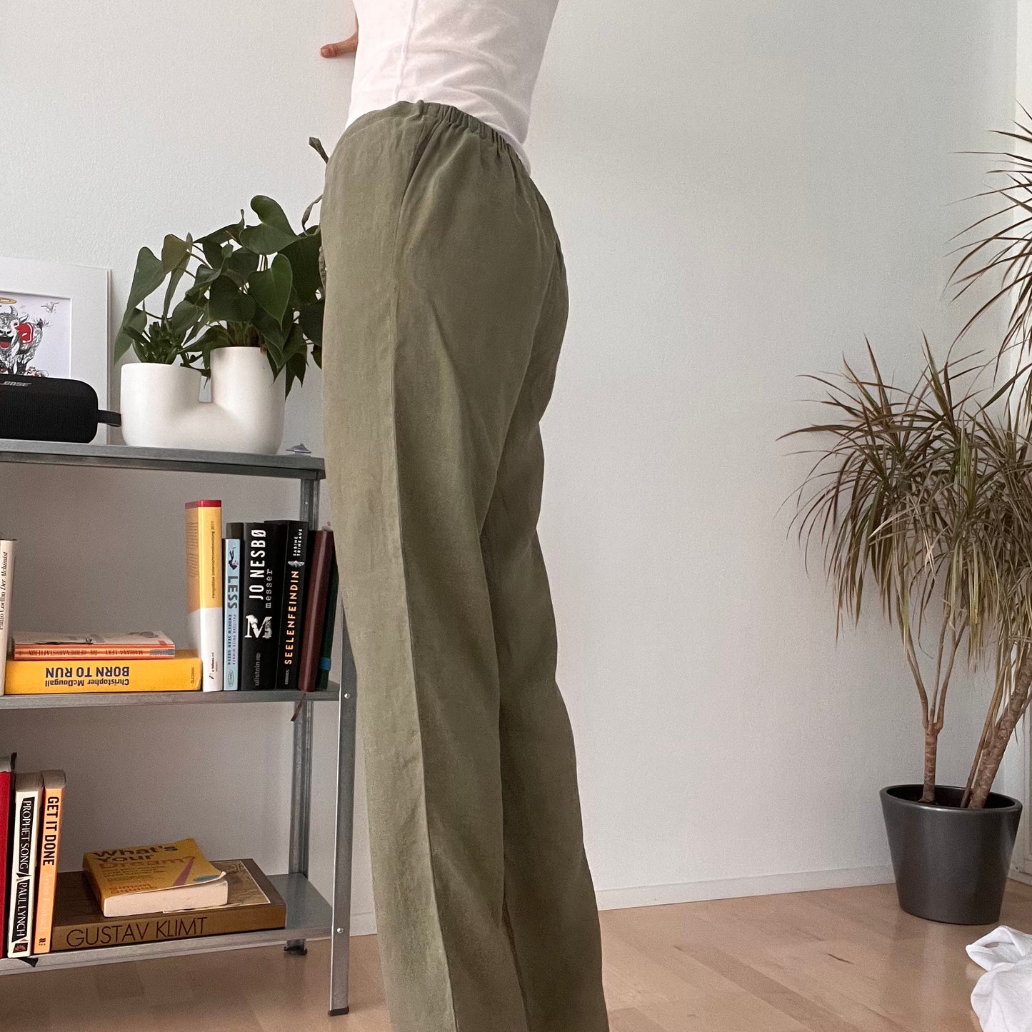 Sage Green Linen Blend Wide Leg Trousers-Size 38