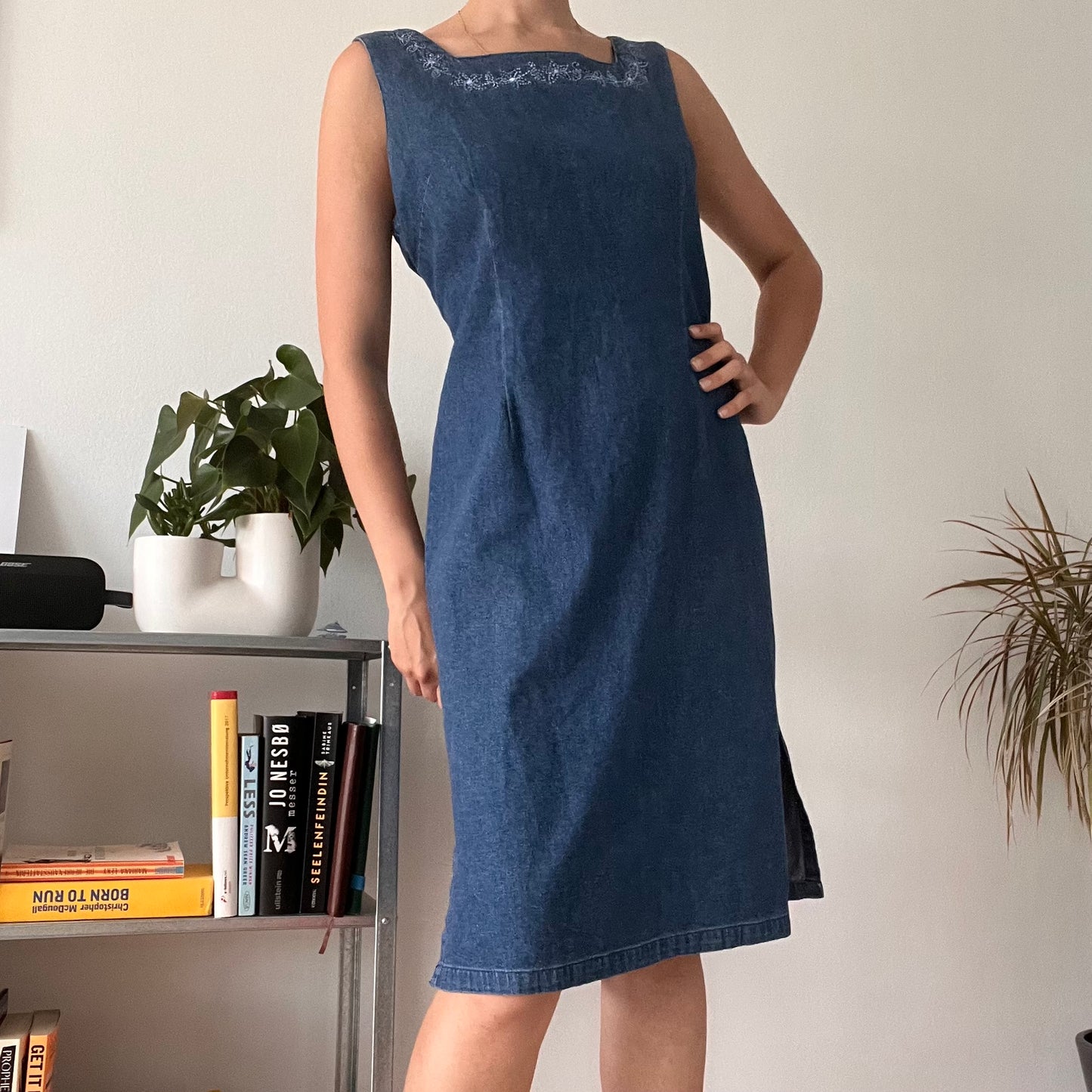 Vintage Embroidered Denim Midi Dress - Size 40