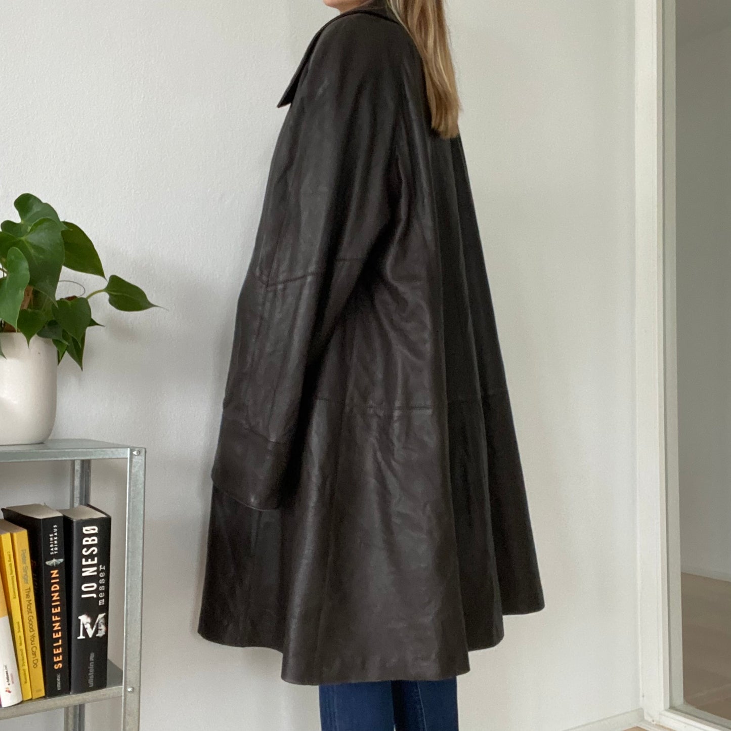 Long vintage leather brown coat