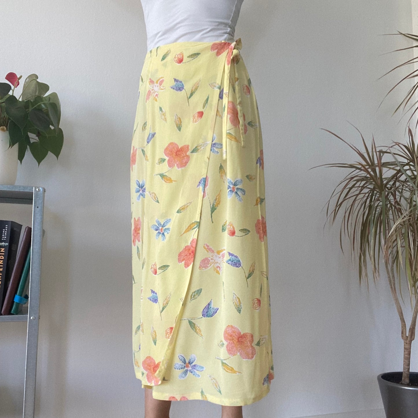Yellow Floral Wrap Midi Skirt Summer Vintage Boho A Line Skirt