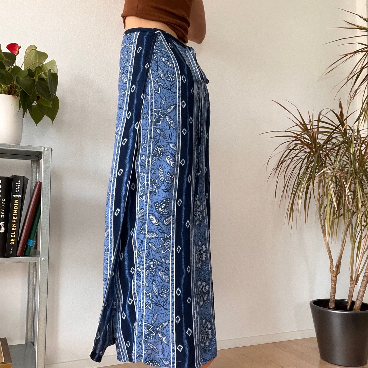 Vintage Blue Boho Maxi Skirt Y2K Floral Pattern