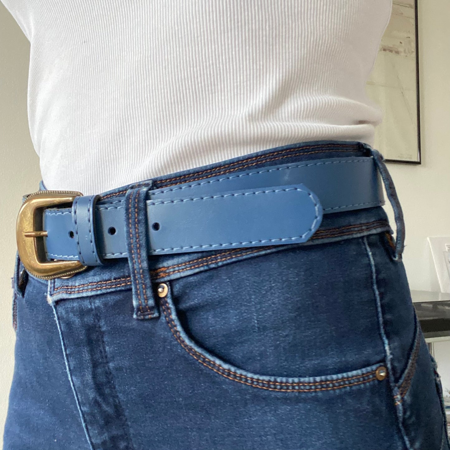 Blue Leather Belt with Gold Buckle