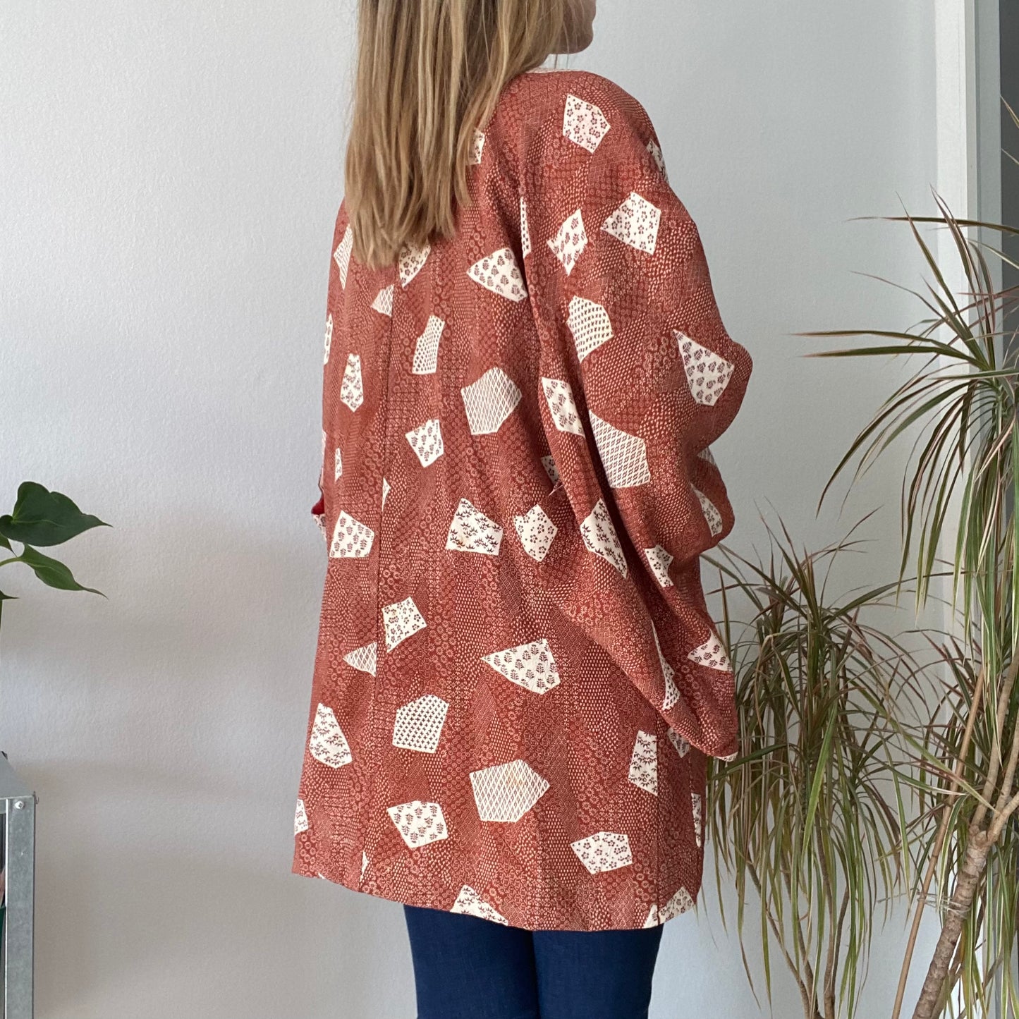 Rust Brown Printed Kimono Jacket- One size