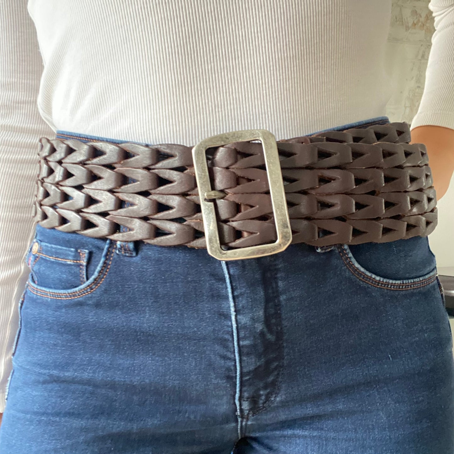 Thick brown braided leather belt