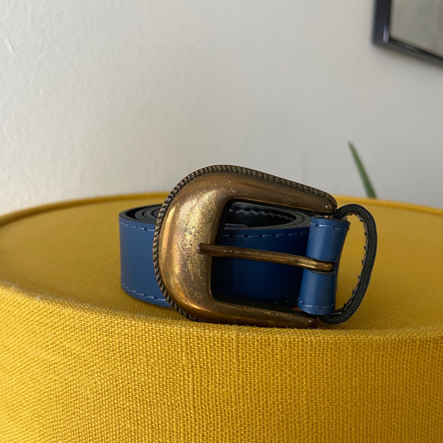 Blue Leather Belt with Gold Buckle