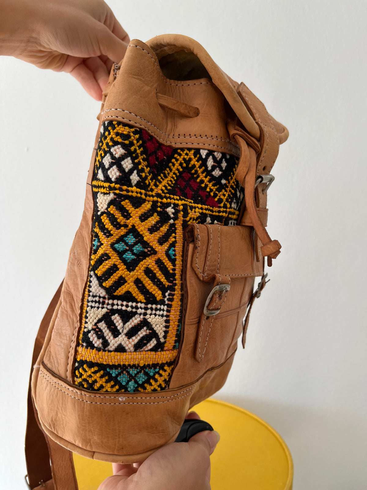 Boho leather camel brown backpack