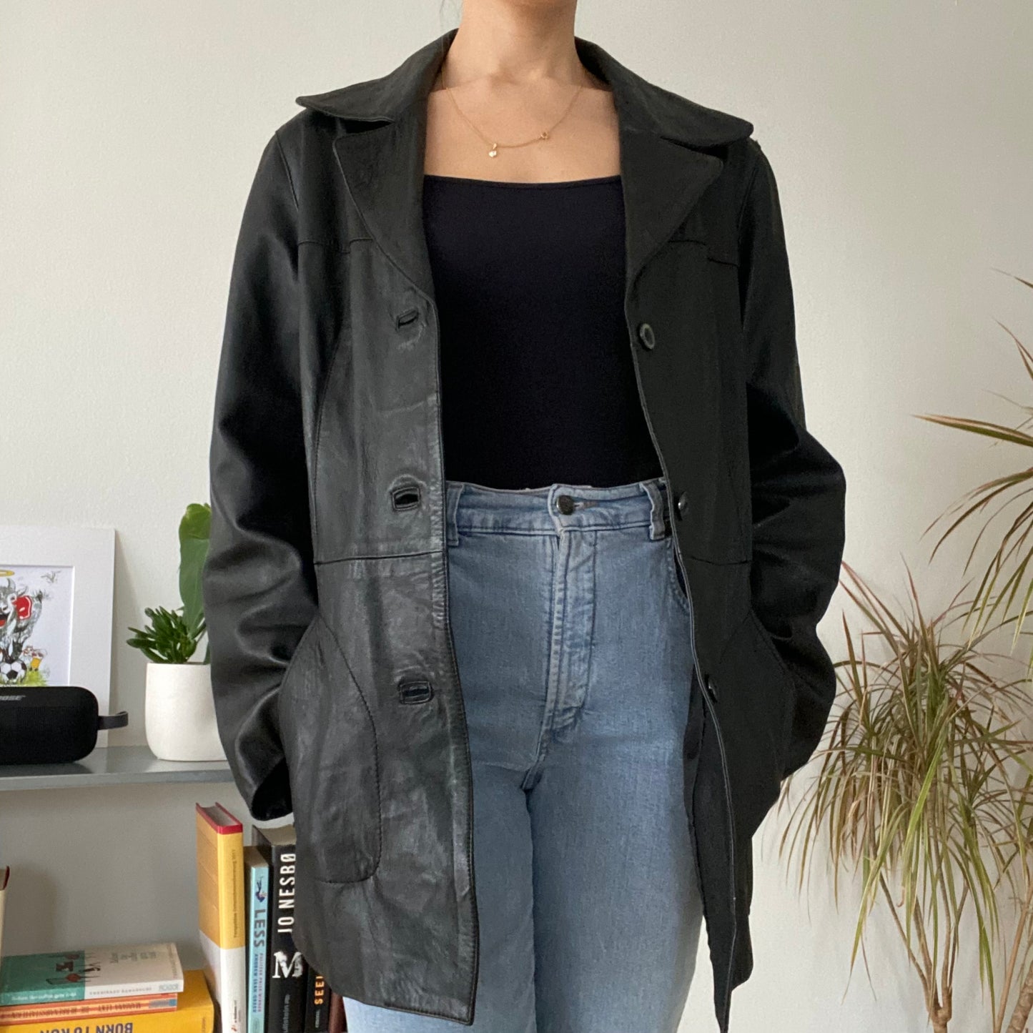 Mid-length black leather jackets 90s size 50