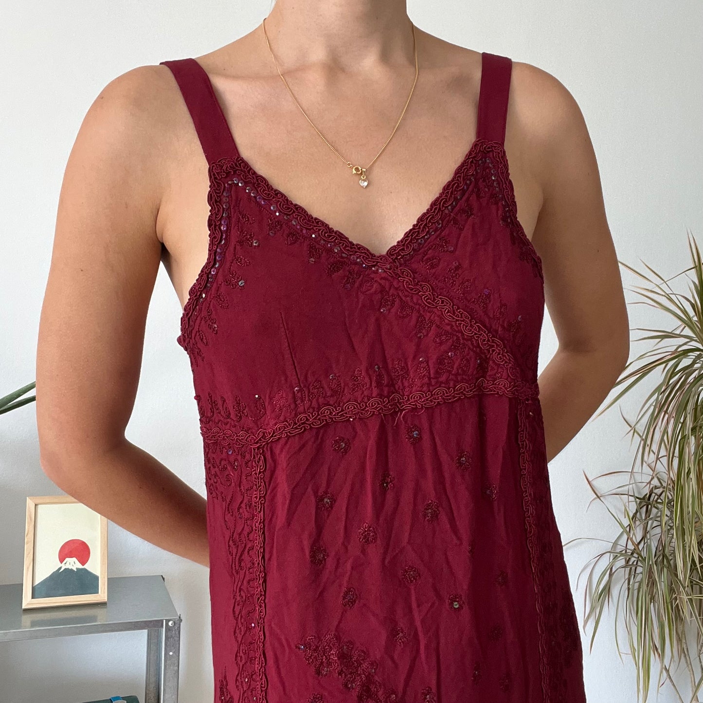 Vintage Burgundy Beaded Mini Dress-Free size