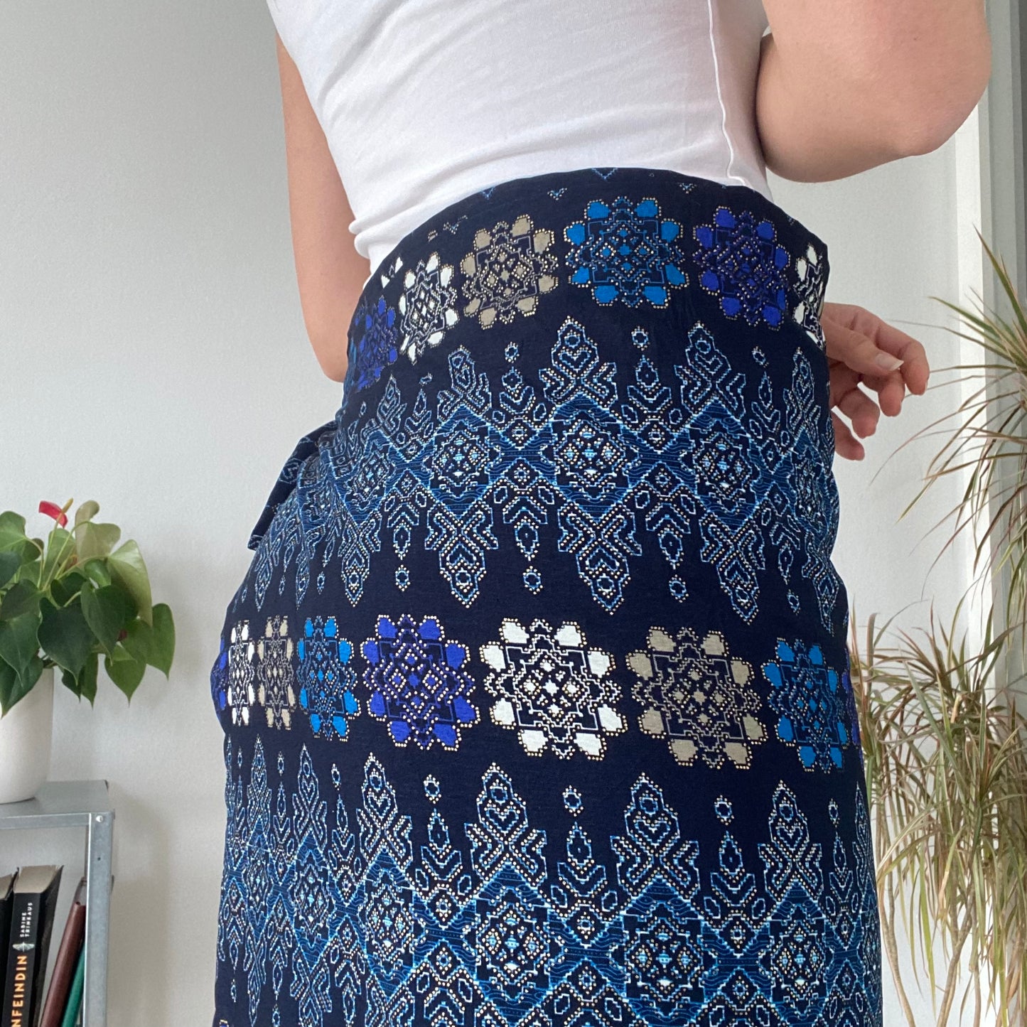 Long blue wrap maxi skirt