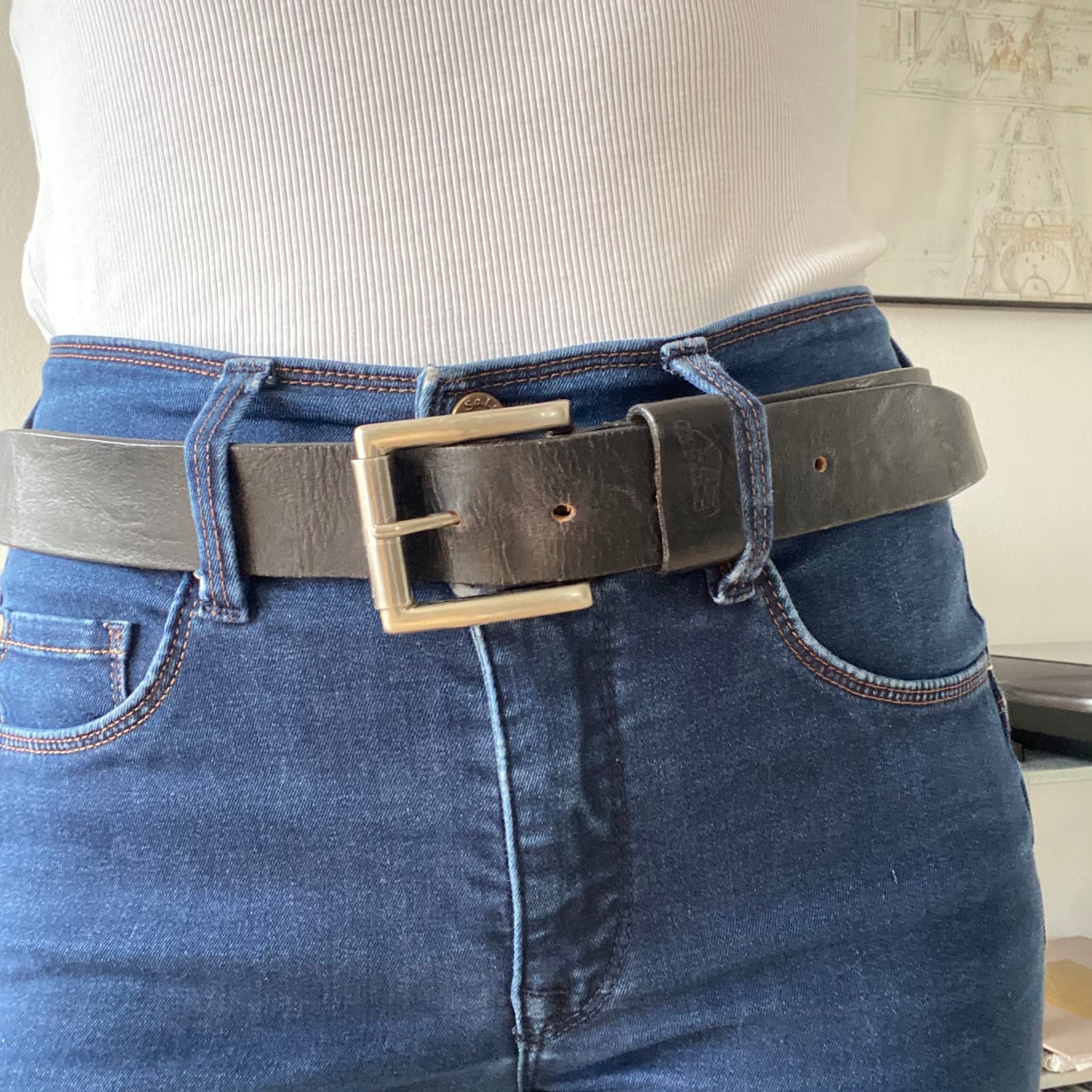Black leather belt metal buckle