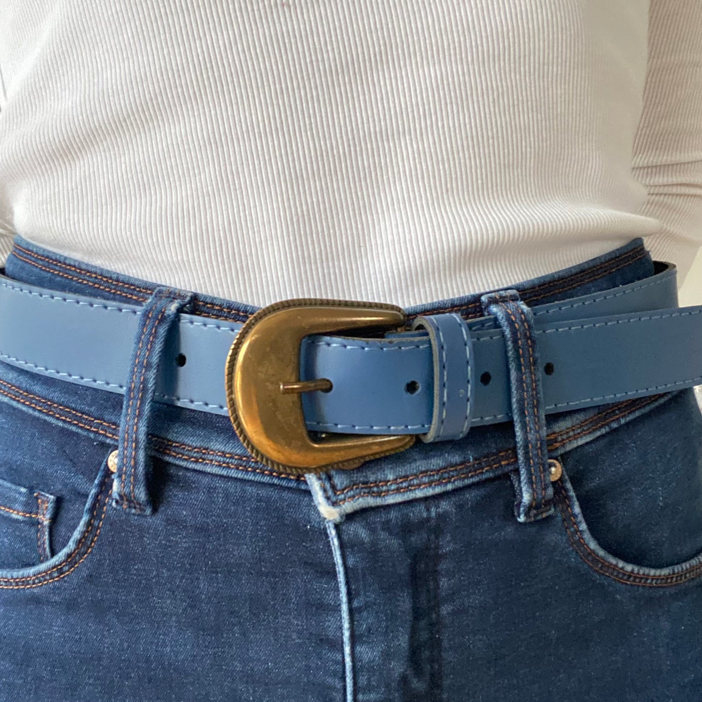 Blue Leather Belt with Gold Buckle