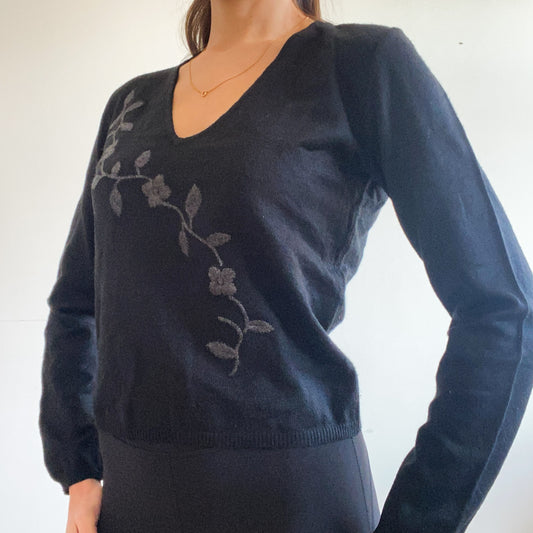 Black Floral Embroidered Pullover – Fits Size S