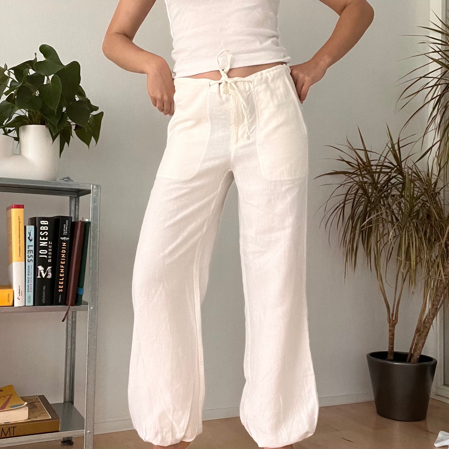White Linen Wide Leg Drawstring Trousers-Size S