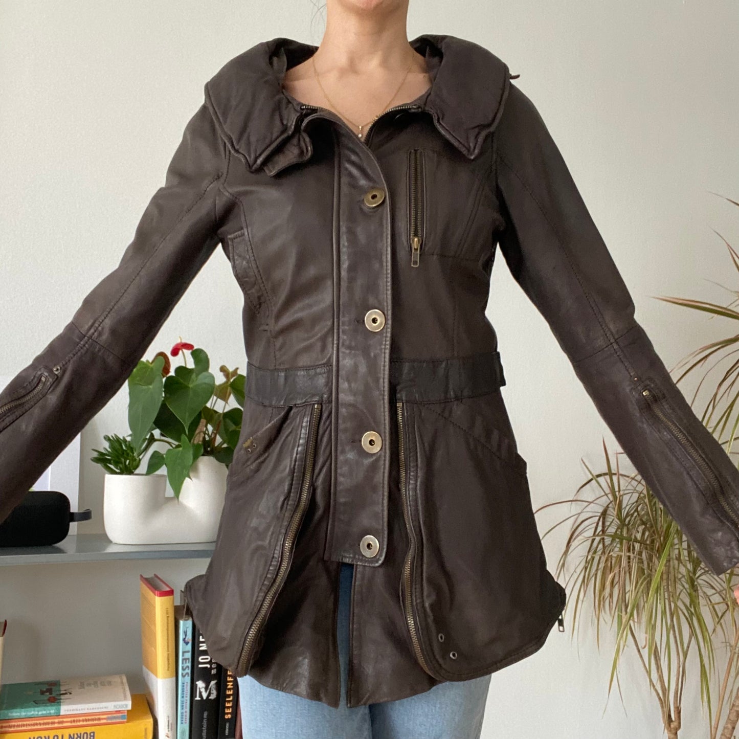 Unisex cinched waist Brown Leather Jacket