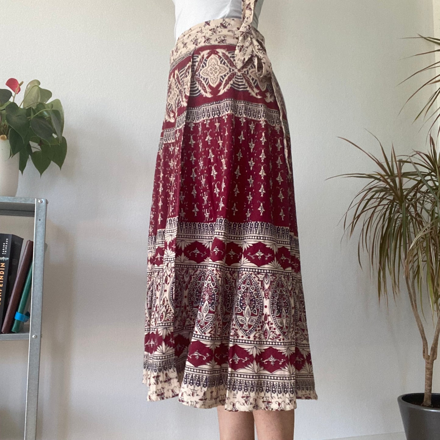 Red Boho Print Midi Skirt Vintage Wrap Style Festival A Line Skirt