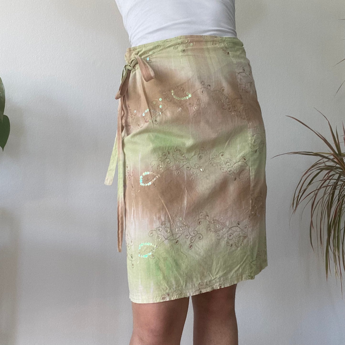Green Tie Dye Wrap Skirt Y2K Sheer Midi Summer Beach Skirt