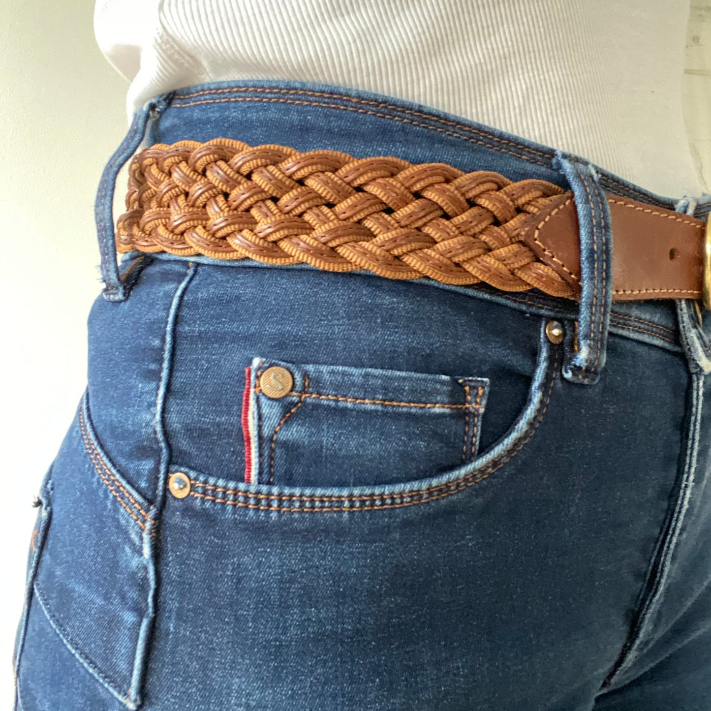 Gold buckle brown braided belt