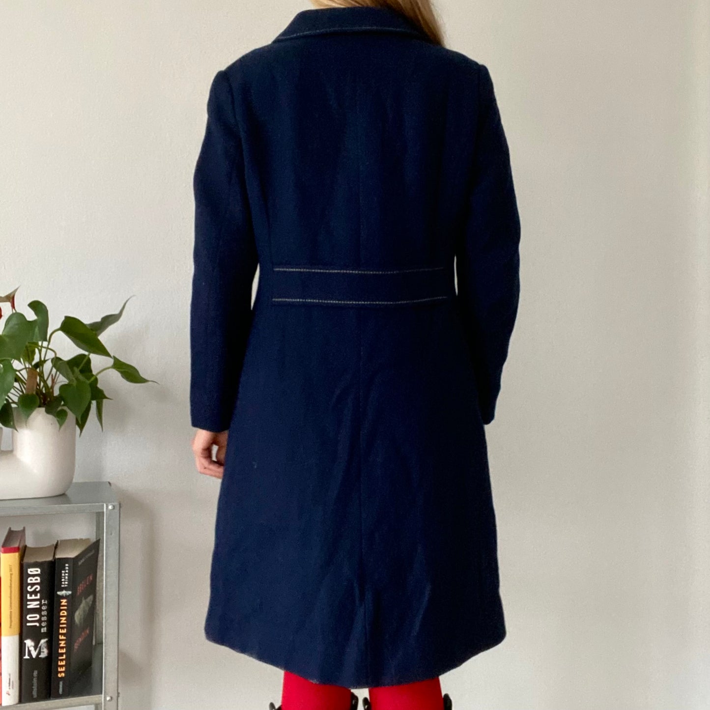 Navy Blue Wool Coat Single Breasted Tailored Mid Length Classic