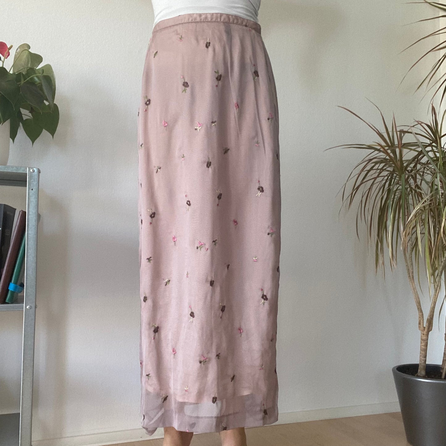 Pink Sheer Embroidered Midi Skirt Y2K Vintage Floral Mesh Skirt
