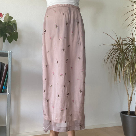 Pink Sheer Embroidered Midi Skirt Y2K Vintage Floral Mesh Skirt