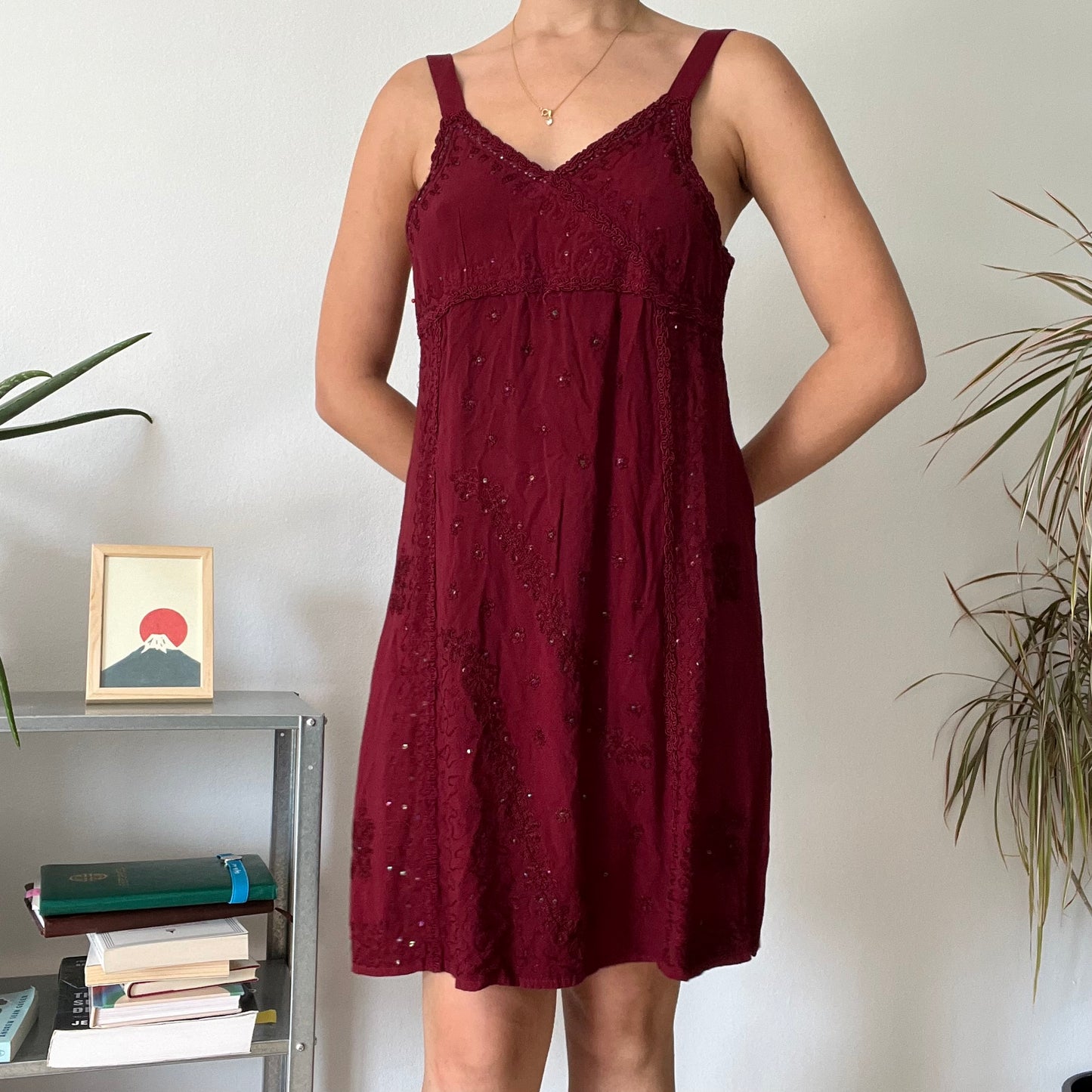 Vintage Burgundy Beaded Mini Dress-Free size
