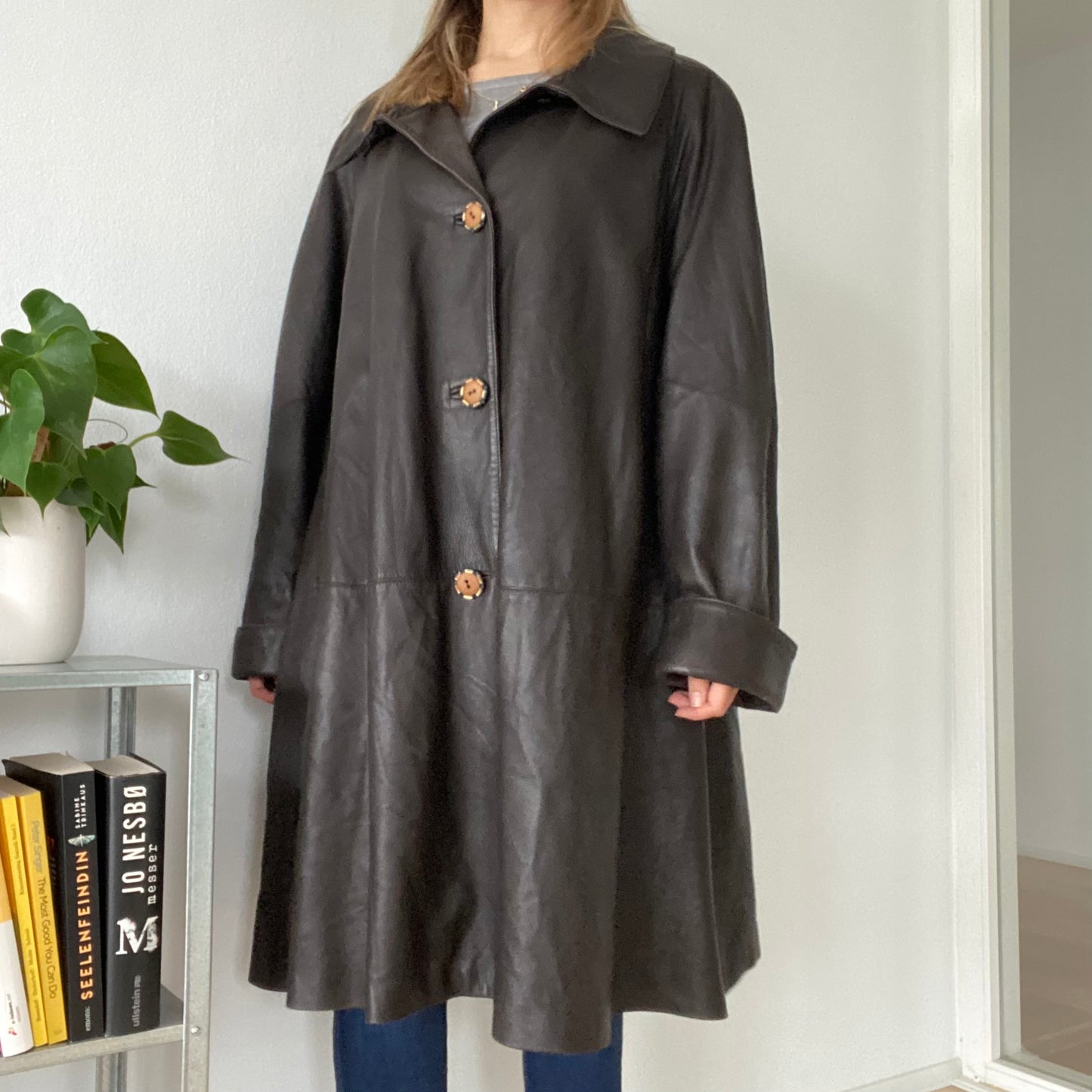 Long vintage leather brown coat