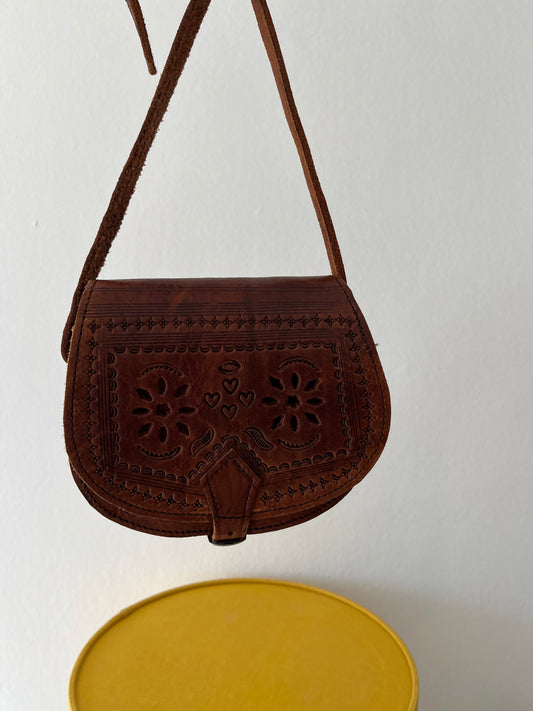 Vintage brown leather tooled crossbody bag
