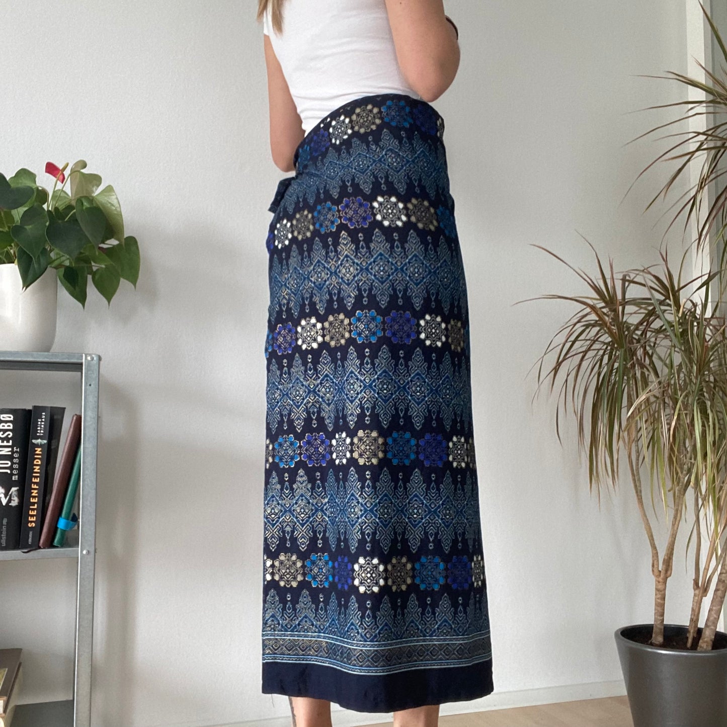 Long blue wrap maxi skirt