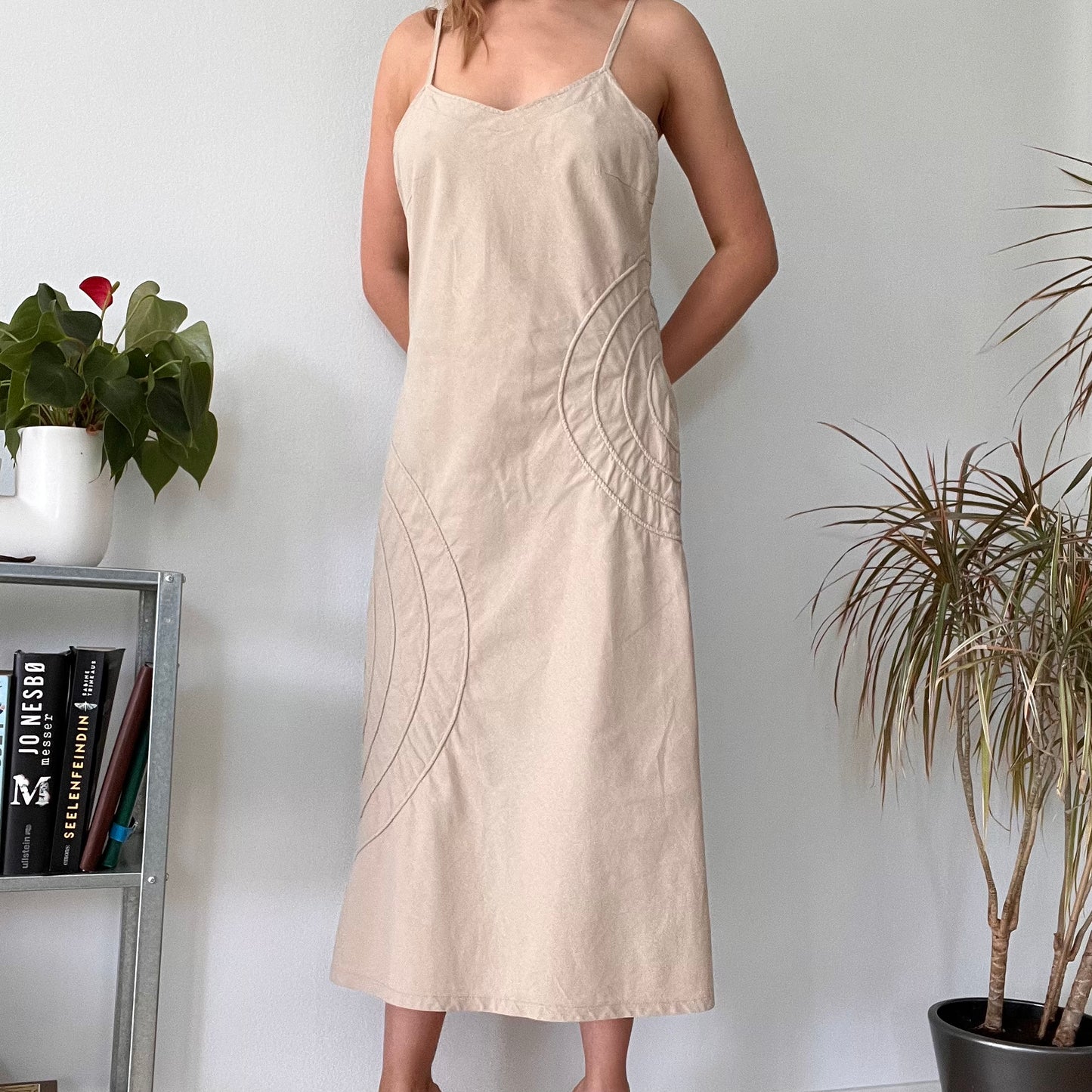 Beige linen cotton summer dress-Size L